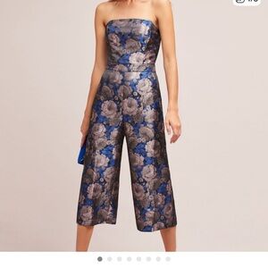 Greylin Strapless Floral Brocade Jumpsuit in Blue and Silver